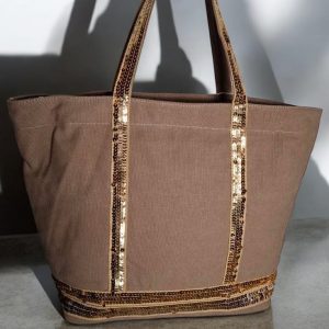 Sac à main style cabas porté main en tissu taupe avec sequins dorés