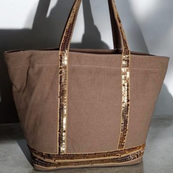 Sac à main style cabas porté main en tissu taupe avec sequins dorés
