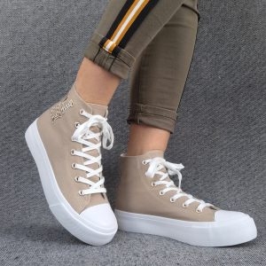 Chaussures baskets hautes tissu beige taupe blanc inscription "LOVE" style converse
