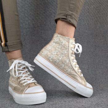 Chaussures baskets hautes en tweed doré style converse