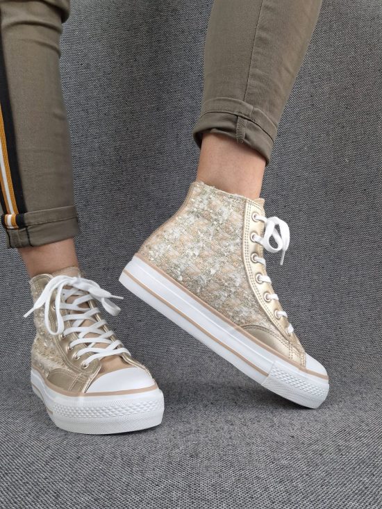 Chaussures baskets hautes en tweed doré style converse