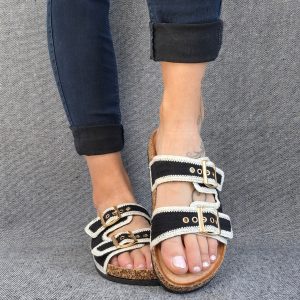 Chaussures sandales type birk 2 brides tissu bicolore noir et beige