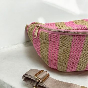 Sac banane tressé raphia beige et rose