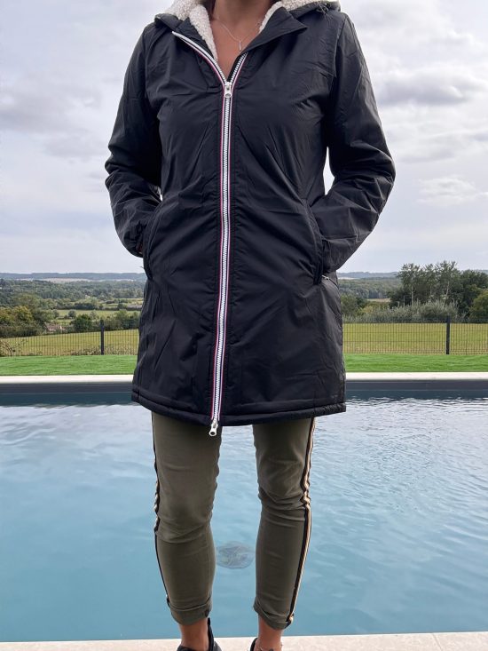 Laura Jo - Imperméable fourré long fausse fourrure noir intérieur sherpa beige