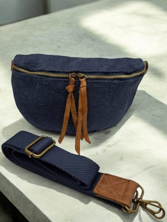 Sac banane en jute bleu denim 1 poche doubles curseurs