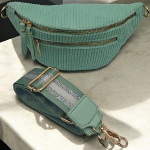 Sac banane velours côtelé 2 poches vert/bleu sangle fantaisie
