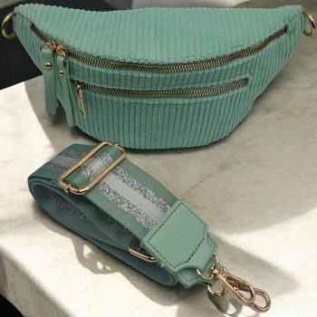 Sac banane velours côtelé 2 poches vert/bleu sangle fantaisie