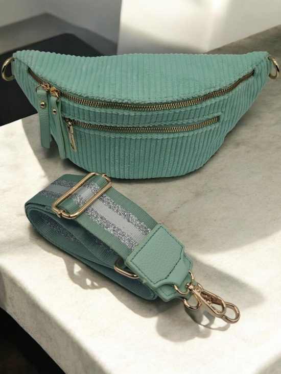 Sac banane velours côtelé 2 poches vert/bleu sangle fantaisie