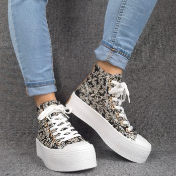 Chaussures baskets hautes en tissu toile noir toile de jouy beige semelles compensées