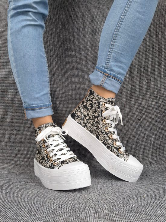 Chaussures baskets hautes en tissu toile noir toile de jouy beige semelles compensées