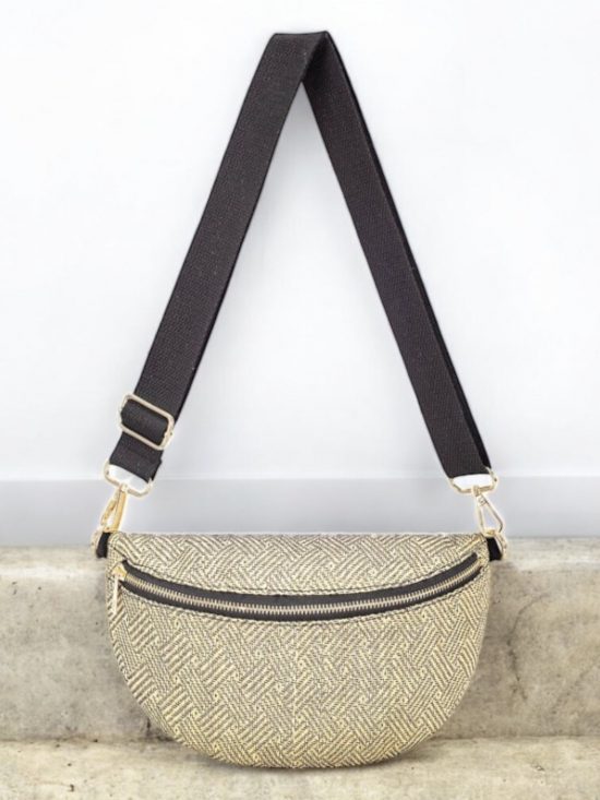 Sac banane en coton tissé beige avec sangle noire