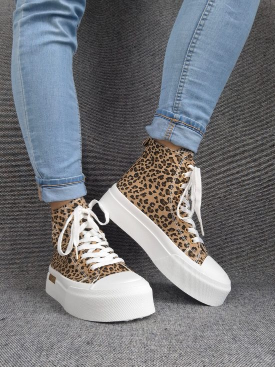 Chaussures baskets hautes en tissu toile leopard marron beige semelles compensées