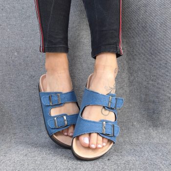 Chaussures sandales intérieur cuir denim de couleur bleue style Birk