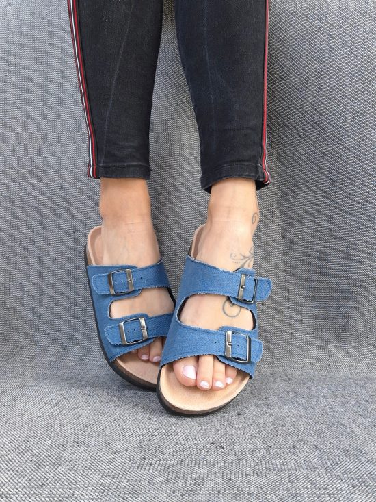 Chaussures sandales intérieur cuir denim de couleur bleue style Birk