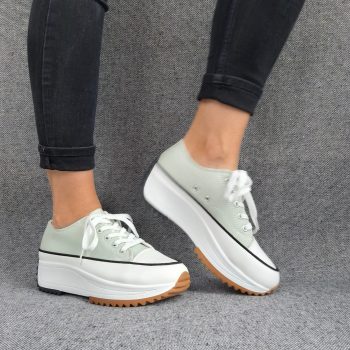 Chaussures baskets basses plate-forme tissu toile vert d'eau
