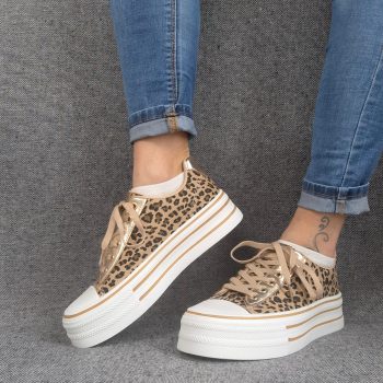 Chaussures baskets motif léopard basse semelle compensée en tissu style converse