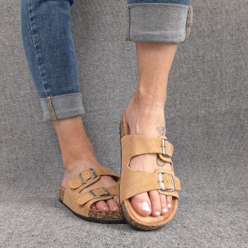 Chaussures sandales beige camel à doubles lanières avec boucles métalliques style Birk