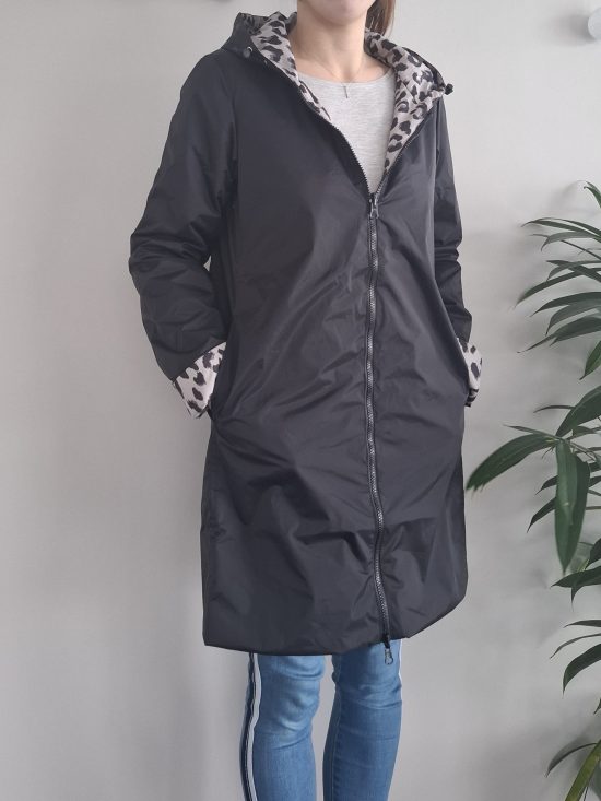 Laura Jo - Imperméable noir réversible léopard long mi-saison garnissage ouate