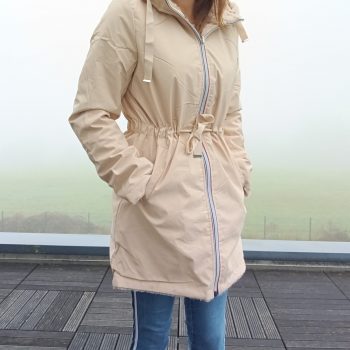 New Lolo - Manteau long BEIGE réversible, imperméable et complètement fourré resserrable à la taille