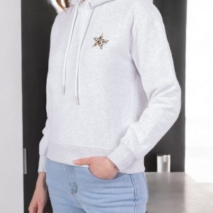 Sweat à capuche en coton gris motif étoile léopard