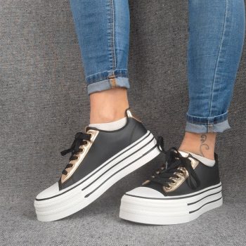 Chaussures baskets basses semelle compensée simili noir style converse