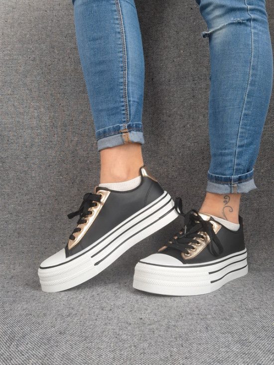 Chaussures baskets basses semelle compensée simili noir style converse