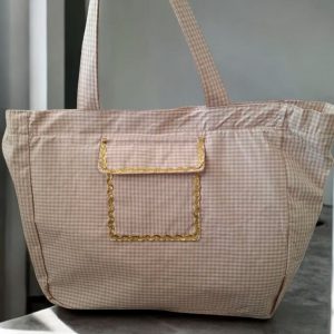 Sac week-end voyage en coton motif à carreaux beige et blanc