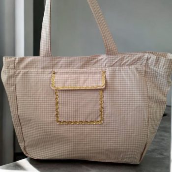 Sac week-end voyage en coton motif à carreaux beige et blanc