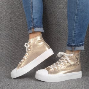 Chaussures baskets hautes tissu doré inscription "LOVE" style converse
