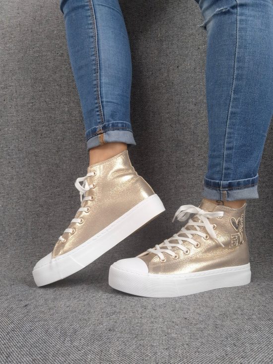 Chaussures baskets hautes tissu doré inscription "LOVE" style converse