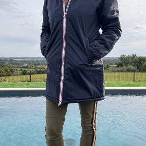 Laura Jo - Imperméable fourré long fausse fourrure bleu marine intérieur sherpa beige