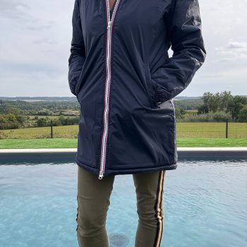 Laura Jo - Imperméable fourré long fausse fourrure bleu marine intérieur sherpa beige