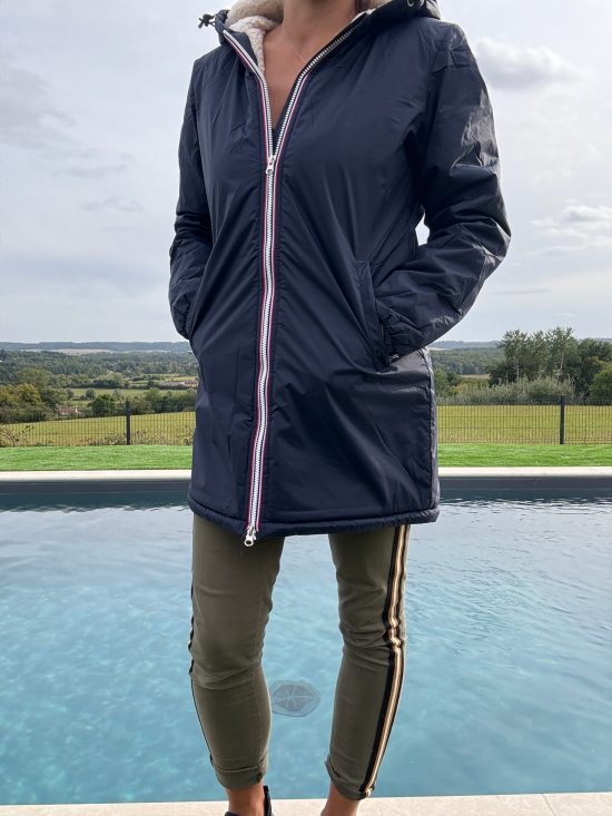 Laura Jo - Imperméable fourré long fausse fourrure bleu marine intérieur sherpa beige