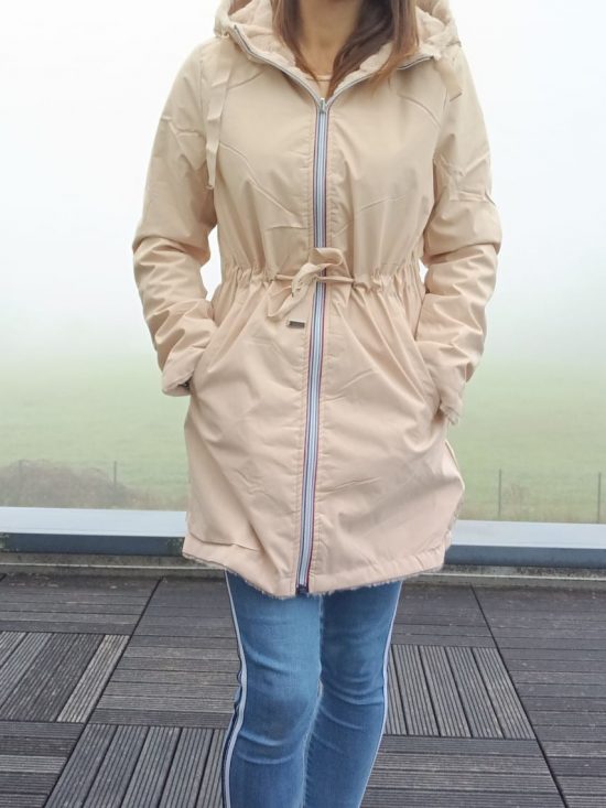New Lolo - Manteau long BEIGE réversible, imperméable et complètement fourré resserrable à la taille - Curvy