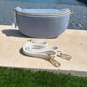 Sac banane tissu jean bandouliere blanche en cuir