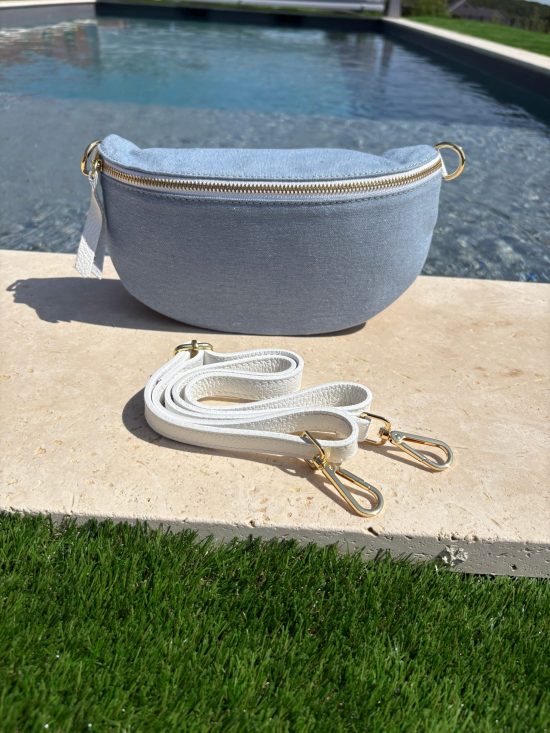 Sac banane tissu jean bandouliere blanche en cuir