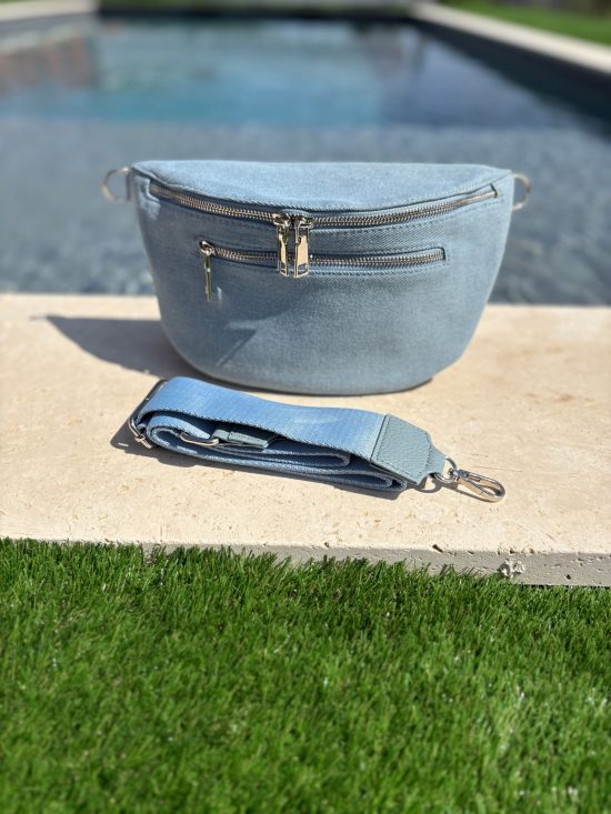 Sac banane XL tissu jean bleu clair 2 poches