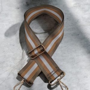 Bandoulière sangle large à rayures verticales marron, orange pailletée