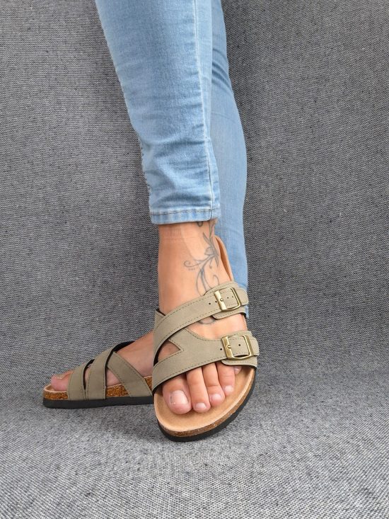 Chaussures sandales type Birk à 2 brides kaki semelle intérieure cuir