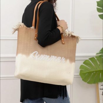 Sac cabas beige clair et taupe porté épaule dégradé avec inscription Summer