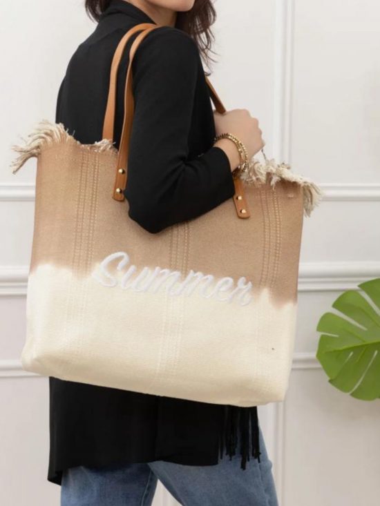 Sac cabas beige clair et taupe porté épaule dégradé avec inscription Summer