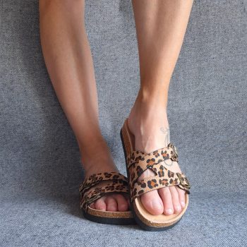 Chaussures sandales type Birk à 2 brides léopard beige semelle intérieure cuir