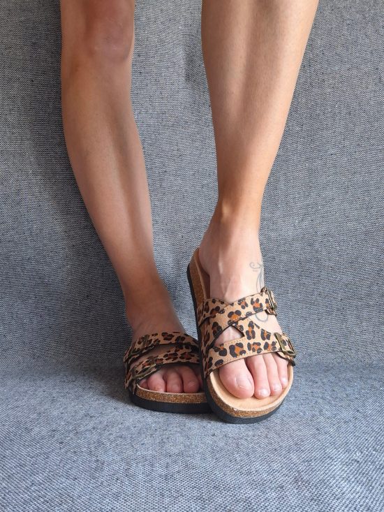 Chaussures sandales type Birk à 2 brides léopard beige semelle intérieure cuir