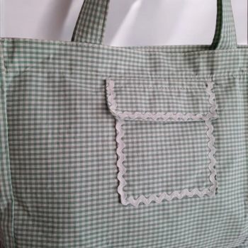 Sac week-end voyage en coton motif à carreaux vert d’eau et blanc