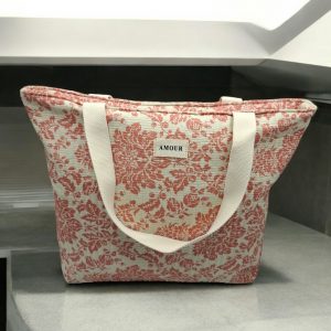 Sac cabas porté épaule en coton liberty fleuri corail crème