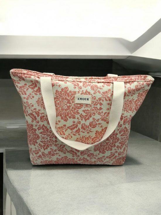 Sac cabas porté épaule en coton liberty fleuri corail crème