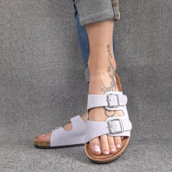 Chaussures sandales violet parme clair à doubles lanières avec boucles métalliques style Birk