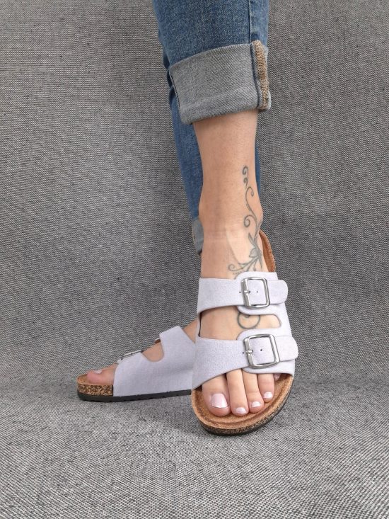 Chaussures sandales violet parme clair à doubles lanières avec boucles métalliques style Birk