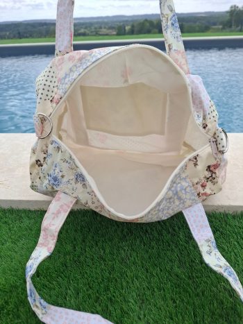 Sac polochon week end de voyage en tissu coton patchwork multicolore fleuri bleu clair orange – Image 5