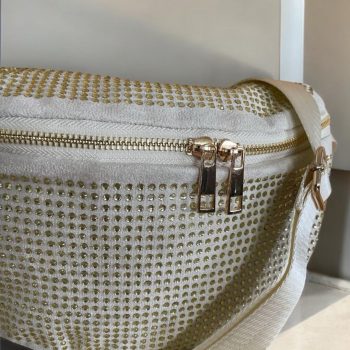 Sac banane toucher velours à strass couleur or pale